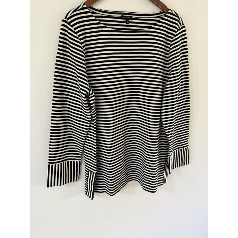 Talbots Striped Tunic Top Womens Size XL Black White Lagenlook 3/4 Sleeve Casual